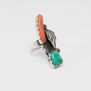 Vintage Native American ethnic sterling silver coral turquoise ring size 7